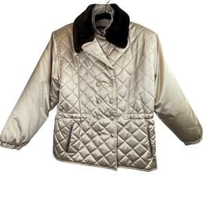 Regent Park Quilted Satin Jacket Women M Gold Beige Faux Fur Collar Winter Coat